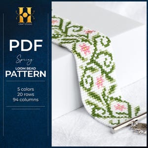 May include: A white loom bead bracelet with a floral pattern in green and pink. The bracelet is made with 5 colors, 20 rows, and 94 columns. The image also includes the text "PDF Spring Loom Bead Pattern."