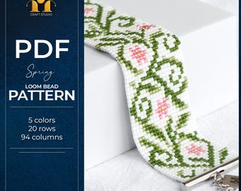 May include: A white loom bead bracelet with a floral pattern in green and pink. The bracelet is made with 5 colors, 20 rows, and 94 columns. The image also includes the text "PDF Spring Loom Bead Pattern."