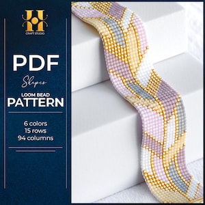 Könnte beinhalten: Ein Webmuster mit Chevron-Design. Das Muster verwendet sechs Farben, darunter Gold, Weiß, Lavendel und Grau. Der Text auf dem Bild lautet "PDF Shapes Loom Bead Pattern". Das Muster hat 15 Reihen und 94 Spalten.