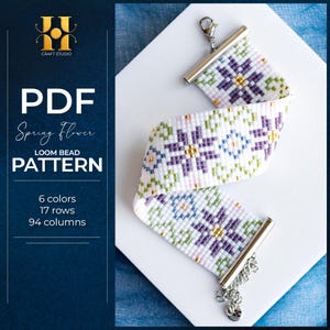 May include: A beaded loom bracelet with a floral pattern in white, purple, green, and gold. The bracelet is displayed on a white surface. The image also includes text that reads "PDF Spring Flower Loom Bead Pattern".