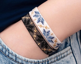 Handgemachte Miyuki Delica Loom Armband, Schwarz Gold oder Blau Weiss, Perlen Schmuck