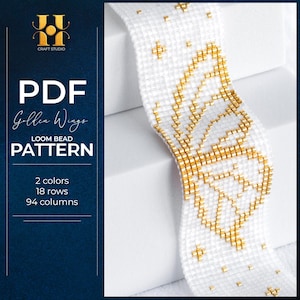 Könnte beinhalten: Ein weißes Webmuster mit goldenem Flügeldesign. Das Muster enthält den Text "PDF Golden Wings LOOM BEAD PATTERN". Es verwendet 2 Farben, 18 Reihen und 94 Spalten. Das Bild enthält auch das Logo "Craft Studio".