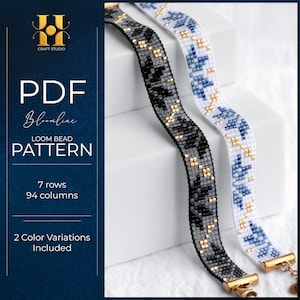 Puede incluir: Se muestran dos patrones de tejido de cuentas, uno negro y gris, el otro blanco y azul. Los patrones tienen detalles dorados y están etiquetados como "PDF Bloomline Loom Bead Pattern". La imagen también indica que el patrón tiene 7 filas y 94 columnas, con 2 variaciones de color.