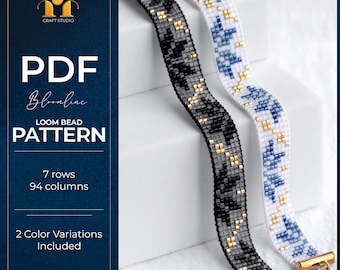 Miyuki Delica Loom Bracelet Pattern, Black Gold & Blue White (PDF Beading Chart)