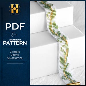 May include: A white loom bead bracelet with a green and gold leaf pattern. The bracelet is displayed on a white surface. The image also includes text that reads "PDF Eve LOOM BEAD PATTERN".
