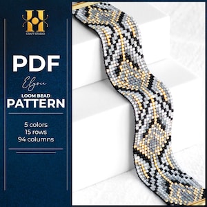 May include: A PDF loom bead pattern titled Elgoia by H Craft Studio. The document specifies 5 colors, 15 rows, and 94 columns. Next to the text is a beaded bracelet featuring a geometric pattern in black, white, gray, and gold seed beads.