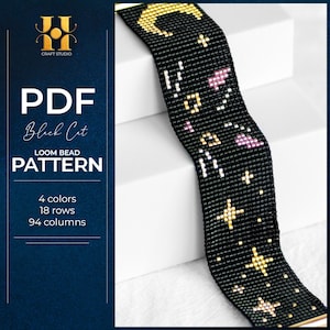 May include: Black beaded loom bracelet with a celestial design featuring a gold crescent moon, stars, and other shapes. The bracelet is black with gold, pink, and white accents. The image also includes text: "PDF Black Cat LOOM BEAD PATTERN".