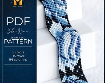 Patrón de pulsera de rosas azules en PDF, patrón floral para telar de cuentas Miyuki Delica, diseño de pulsera para telar Miyuki, descarga instantánea.