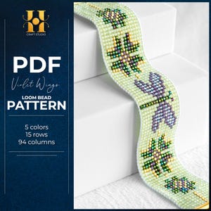 May include: A PDF loom bead pattern titled Violet Wings by H Craft Studio. The design features a light green background with repeating purple dragonfly and floral motifs. Text includes 5 colors, 15 rows, and 94 columns. The pattern is displayed as a woven beaded strip.