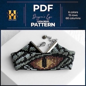 May include: A loom bead pattern for a bracelet with the text "Dragon's Eye". The bracelet design features black, gray, and gold beads. The PDF pattern includes 6 colors, 15 rows, and 88 columns.