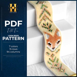 May include: A PDF loom bead pattern titled Folk Fox by H Craft Studio. The design features a fox face and floral motifs in 7 colours, 15 rows, and 94 columns. The beadwork is displayed in a light cream colour with orange, green, and black accents.