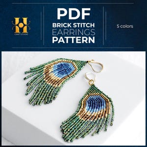 May include: A PDF brick stitch earrings pattern featuring a peacock feather design in five colours. The earrings are crafted from small beads in shades of metallic green, gold, and blue, with gold-toned ear wires. The text reads PDF BRICK STITCH EARRINGS PATTERN.