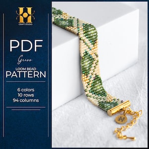 Patrón de pulsera de telar verde, diseño de abalorios botánicos, pulsera Miyuki Delica inspirada en la naturaleza, joyería con cuentas de semillas de hojas - Hierba, PDF DIY