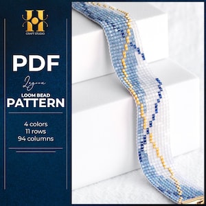 May include: A loom bead pattern in blue, white, and gold. The pattern is displayed on a white surface. The text on the left side reads "PDF Ligna LOOM BEAD PATTERN" with details: 4 colours, 11 rows, and 94 columns.