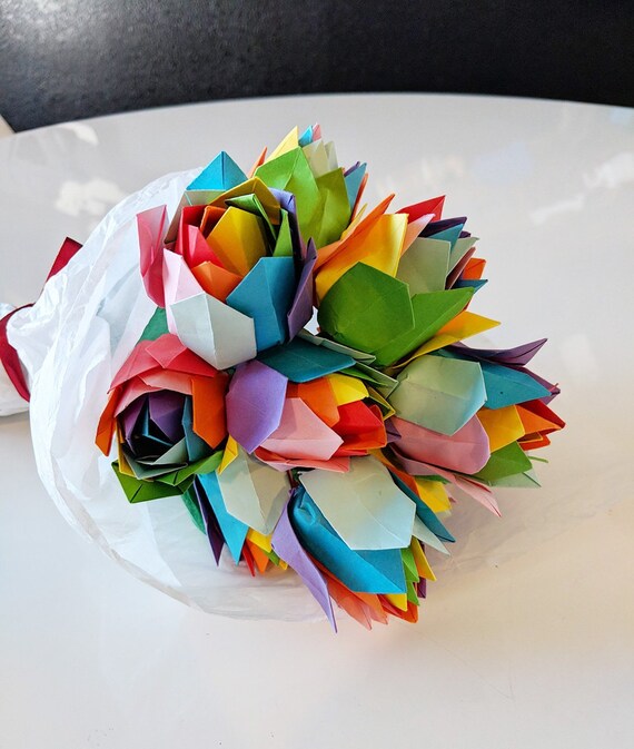 Origami Bouquet Rainbow Rose Bouquet Origami Roses Rainbow Paper Flowers Origami Flowers A Dozen Rainbow Roses Valentines Gift