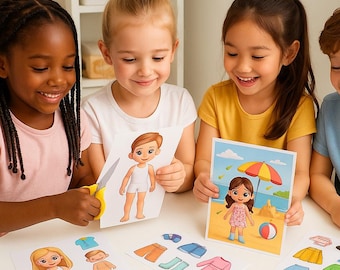 May include: Four children are gathered around a white table, smiling and holding paper dolls and clothing cutouts. The dolls have different skin tones and hairstyles. The clothing includes dresses, pants, skirts, and accessories. One child is using yellow scissors.