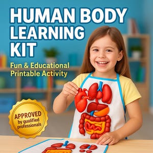 Peut inclure: Une jeune fille porte un tablier avec un design d'anatomie humaine, tenant un modèle de cœur rouge. L'image comprend le texte "HUMAN BODY LEARNING KIT" et "Fun & Educational Printable Activity". Un sceau doré indique "APPROVED by qualified professionals".