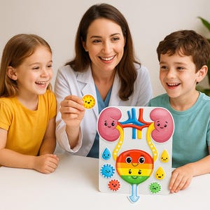 Könnte beinhalten: Ein farbenfrohes Lernspielzeug, das das menschliche Harnsystem darstellt, einschließlich Nieren, Blase und zugehöriger Komponenten. Das Spielzeug zeigt lächelnde, cartoonartige Illustrationen und wird von einer Frau und zwei Kindern verwendet.