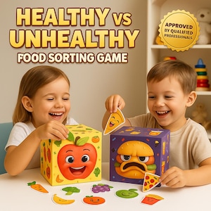 Puede incluir: Un juego de clasificación de alimentos para niños con el texto "HEALTHY vs UNHEALTHY FOOD SORTING GAME". El juego presenta niños sonrientes, cubos coloridos con gráficos de alimentos y piezas con forma de alimentos. El juego está "APROBADO POR PROFESIONALES CUALIFICADOS".