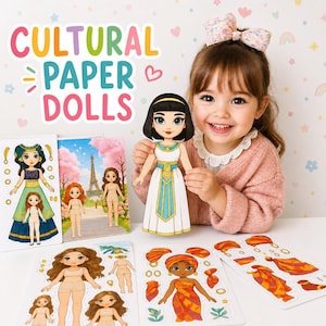 Pode incluir: Uma menina segura uma boneca de papel com um vestido branco e detalhes em azul-petróleo. A imagem apresenta várias bonecas de papel culturais e acessórios. As palavras "CULTURAL PAPER DOLLS" são exibidas em letras coloridas.