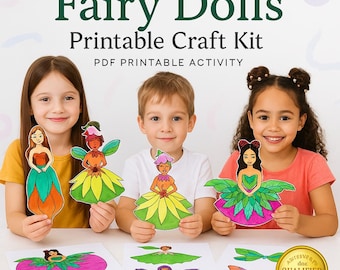 May include: Three children holding colorful fairy dolls, part of a printable craft kit. The dolls have flower-like skirts and wings. The text "Fairy Dolls Printable Craft Kit PDF Printable Activity" is at the top of the image.