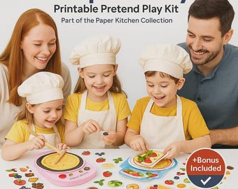Könnte beinhalten: Eine Familie spielt mit einem druckbaren Crepe-Party-Set. Das Set enthält einen rosa Crêpes-Maker, Papier-Crêpes und Obstbeläge. Der Text "Crepe Party" und "Printable Pretend Play Kit" sind sichtbar. Teil der Paper Kitchen Collection.