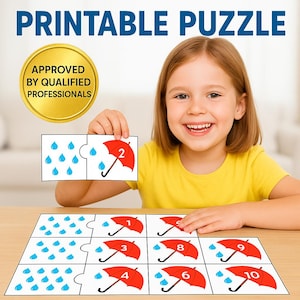 May include: A child holds a puzzle piece with a red umbrella and the number 2. The puzzle features red umbrellas with numbers and blue raindrops. The words "PRINTABLE PUZZLE" and "APPROVED BY QUALIFIED PROFESSIONALS" are also visible.