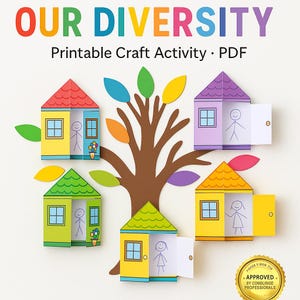 May include: A colorful craft activity featuring paper houses with open doors, each with a stick figure inside. The houses are arranged around a brown paper tree with multi-colored leaves. Text at the top reads "OUR DIVERSITY".
