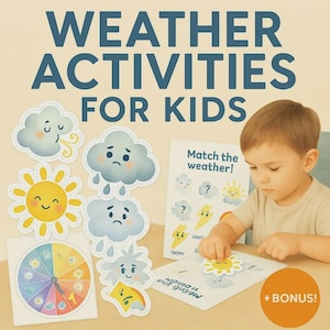 May include: A child's weather activity set with the text "WEATHER ACTIVITIES FOR KIDS." The set includes cloud, sun, and rain cutouts, a matching game, and a color wheel. A child is shown matching a sun cutout to the game.
