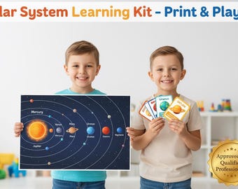May include: Two children holding a solar system learning kit. One child holds a poster with the planets, and the other holds flashcards. The poster shows the sun and planets in a circular orbit. The flashcards show individual planets.