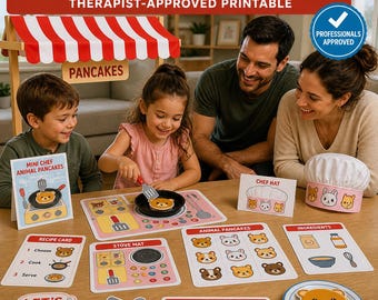 May include: A family plays with a "Mini Chef: Animal Pancakes" playset. The set includes recipe cards, stove mats, and animal-shaped pancake cutouts. The text "Professionals Approved" is visible.