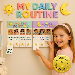 May include: A colorful "My Daily Routine" board with a sun and moon design. It features sections for morning and evening routines, with illustrations and text like "Wake up," "Brush teeth," and "Get dressed." A young girl is holding a star-shaped reward card.