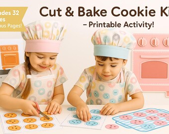 Könnte beinhalten: Ein druckbares Cookie-Kit mit dem Text "Cut & Bake Cookie Kit - Printable Activity!" Zwei Kinder mit Kochmützen und Schürzen schneiden Kekse aus. Das Kit enthält 32 Teile und Bonusseiten.