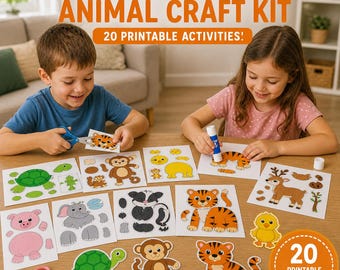 May include: A children's craft kit with the text "CUT & PASTE ANIMAL CRAFT KIT" and "20 PRINTABLE ACTIVITIES!". The image shows various animal cutouts, including a turtle, monkey, tiger, and pig. Children are shown using scissors and glue.