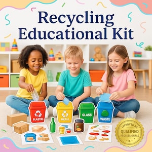 May include: A recycling educational kit with three children sorting items into colorful bins labeled PLASTIC, METAL, GLASS, and WASTE. The kit includes cardboard boxes, food items, and a bottle. The text "Recycling Educational Kit" is at the top.
