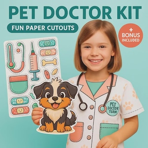 Puede incluir: Una niña con una bata de laboratorio blanca con un estetoscopio sostiene un recorte de papel de un perro y una hoja de recortes de herramientas médicas. El texto de la imagen dice "PET DOCTOR KIT" y "FUN PAPER CUTOUTS".