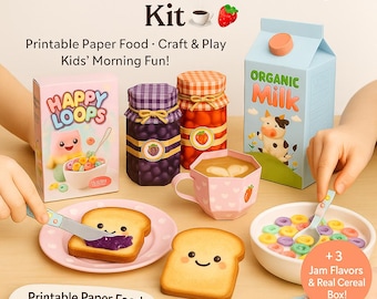 May include: A colorful breakfast pretend play kit with paper food, including cereal, toast with jam, and a milk carton. The kit also features jam jars and a coffee cup. Text on the box reads "Happy Loops" and "Organic Milk".