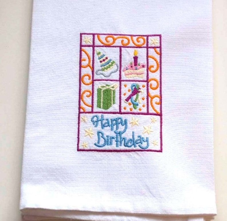 Happy Birthday Embroidered Tea Towels Embroidered Kitchen Etsy
