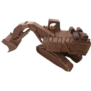 Hand Carved Mahogany Excavator Sculpture: Rotating Tracks, Movable Bucket
