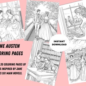 Puede incluir: Una colección de páginas para colorear de Jane Austen con ilustraciones lineales de escenas de sus novelas. Las imágenes incluyen parejas, personas leyendo y escenas grupales. El texto de la imagen dice "Jane Austen Coloring Pages" y "Instant Download".
