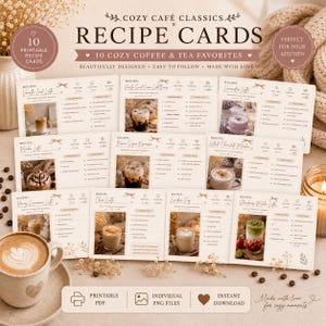 May include: Ten recipe cards for coffee and tea, such as Vanilla Iced Latte and Brown Sugar Espresso. The cards are designed with a cozy theme, featuring images of the drinks and ingredients. The text "Cozy Cafe Classics" is at the top. The cards are easy to follow.
