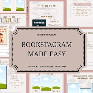 Puede incluir: Un diseño gráfico digital para Bookstagram, con una pancarta central con el texto "BOOKSTAGRAM MADE EASY" y "20+ BOOKSTAGRAM PRESET TEMPLATES". El diseño incluye secciones de reseñas, citas y elementos personalizables.