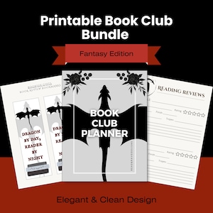 Puede incluir: Paquete imprimible de Club de Lectura, Edición Fantasía, con una silueta de dragón negro. Incluye un planificador de club de lectura, hojas de revisión de lectura y marcadores con gráficos de dragones.