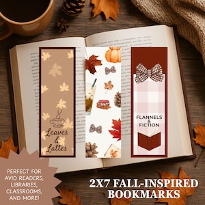 Pode incluir: Três marcadores com tema de outono são exibidos em um livro aberto. Os marcadores apresentam folhas de outono, café e o texto "Leaves & Lattes" e "Flannels & Fiction". A imagem inclui o texto "2X7 FALL-INSPIRED BOOKMARKS."