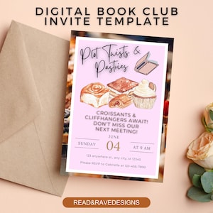 Könnte beinhalten: Eine digitale Einladung für einen Buchclub mit dem Text "Plot Twists & Pastries". Die Einladung zeigt Aquarellillustrationen von Gebäck und die Details des Treffens: Sonntag, 04. Juni, um 9 Uhr. Das Design enthält den Text "READ&RAVEDESIGNS".