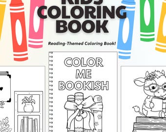 Kids Reading Coloring Book: Bookish Scenes, Classroom Activity (Digital PDF)