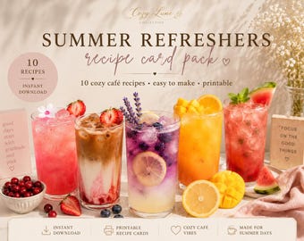 May include: Image of a recipe card pack for summer refreshers. The image shows a variety of colorful drinks with fruit garnishes. Text includes "Summer Refreshers recipe card pack" and "10 cozy café recipes". The drinks are in tall glasses.