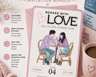 Puede incluir: Un paquete de invitaciones rosa para un club de lectura, con el texto "Booked with Love" y "Book Club". La invitación incluye una pareja en una mesa, la fecha 04 de junio y la información de RSVP. El texto adicional incluye "Personalizar", "Imprimir o enviar digitalmente" y "Ahorrar tiempo".