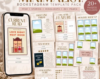 May include: A digital template pack for social media featuring a smartphone displaying a Current Read layout alongside various printable pages including First Line Friday, Five Star Feature, Monthly Wrap-up, New Review, and Reading Reminder.