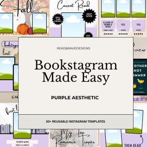 以下が含まれることがあります： 「Bookstagram Made Easy」と「Purple Aesthetic」のテキストが入ったデジタル商品。画像には、本のレビューレイアウトや「Fall」などの季節のテーマなど、Instagram投稿用のテンプレートが含まれています。